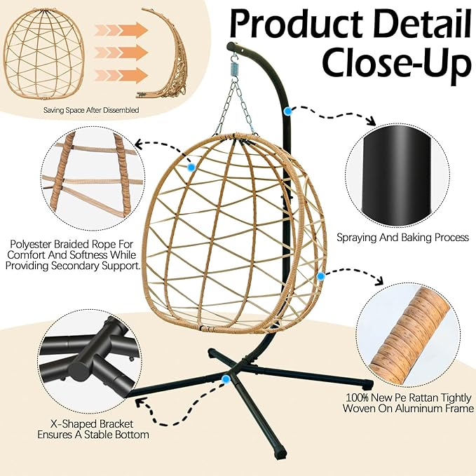 Hanging Egg Chair Swing with Stand Patio Wicker Hanging Chair Webbing &amp PE Rattan Weaving Thickened UV Resistant Cushion &amp Alloy Steel Frame 380lbs Capacity for Patio Bedroom Balcony (YB)