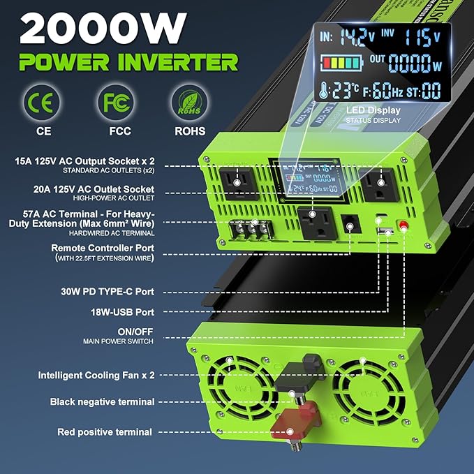 2000W Pure Sine Wave Inverter 12V DC to 120V AC Inverters for RVTruck Solar Home Off-Grid Car Power Inverter with LCD Display 3 AC Outlet 30W USB-C USB Remote Control Surge 4000W