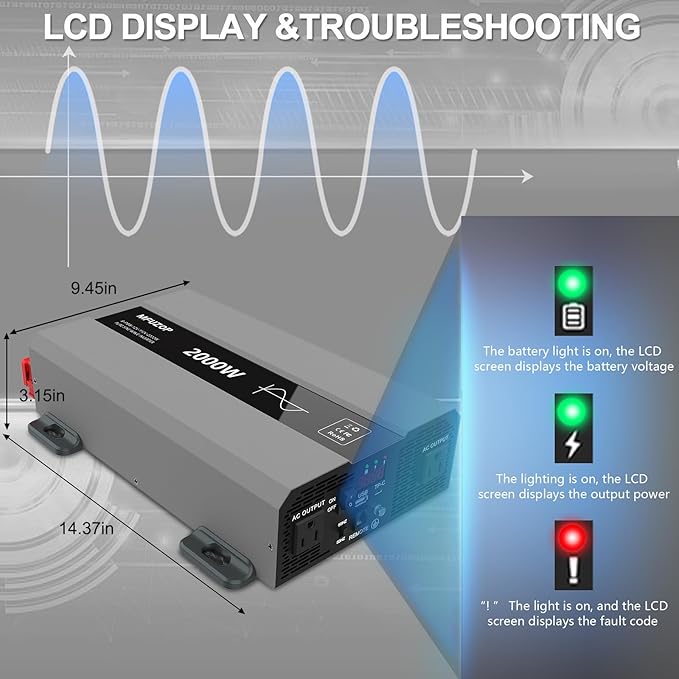 2000W Pure Sine Wave Inverter 12V DC to 110V/120V AC Surge 4000W Power Inverter for Car RV Truck Home Solar &amp Off-Grid with 2 AC Outlets USB/Type-C LCD Display and Remote Control