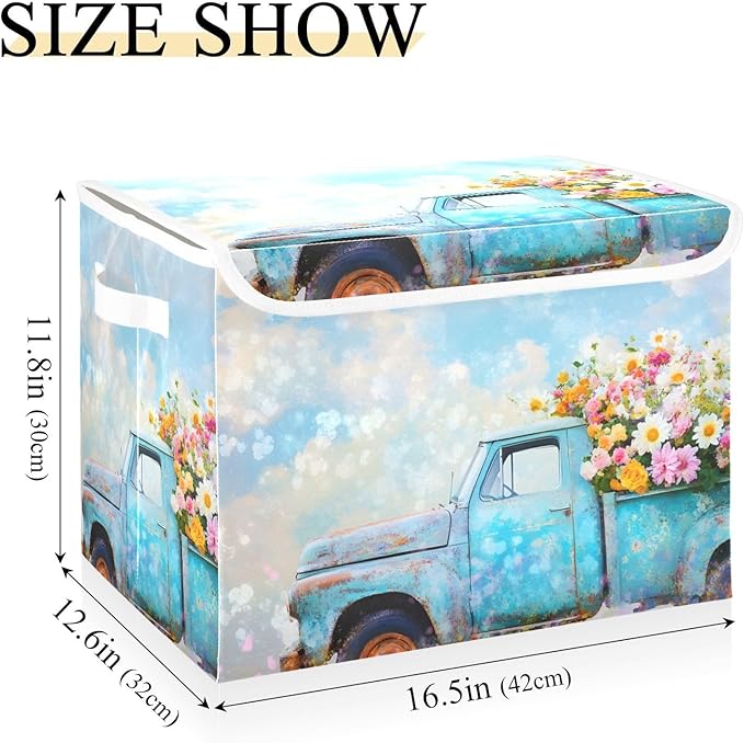 AIXIWAWA Lidded Storage Cube (Flower Truck) Fabric Foldable Closet Bins with Flip Lid and Handles Organizer Basket Container 16.5 x 12.6 x 11.8 IN