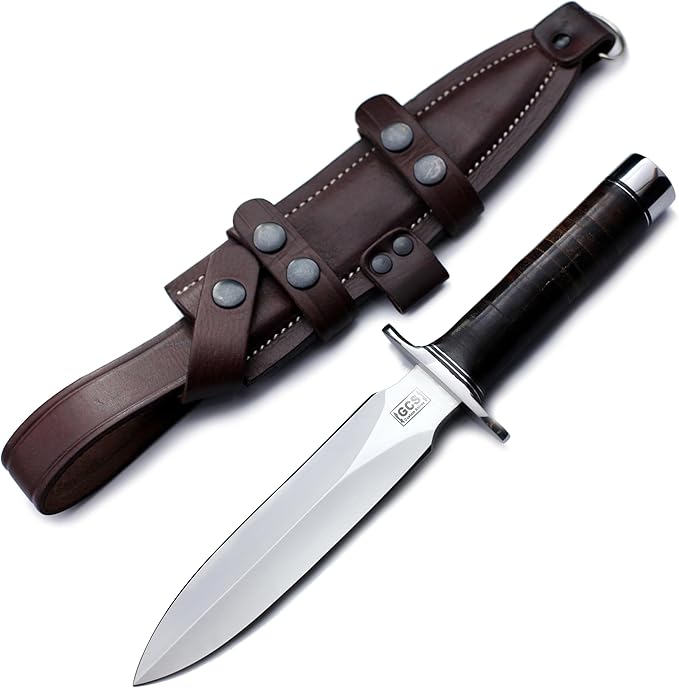GCS Handmade Stacked Leather Handle D2 Tool Steel Tactical Hunting Knife with leather sheath Full tang blade designed for Hunting &amp EDC GCS 8
