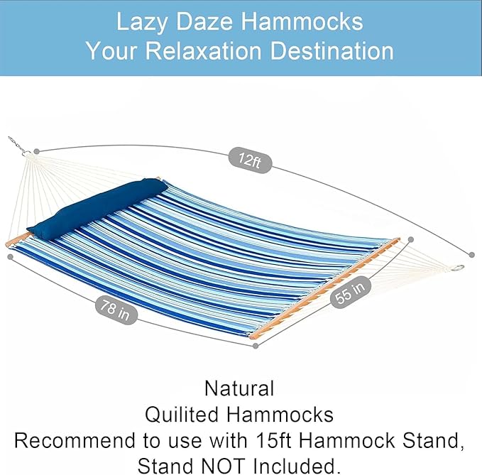 Lazy Daze Hammocks 12 FT Quilted Fabric Double Hammock with Spreader Bars and Detachable Pillow 450lbs Weight Capacity