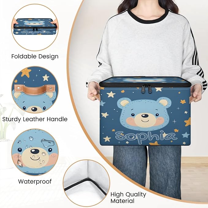 Custom Storage Basket with Name Personalized Storage Bins with Zipper Lid Foldable Fabric Storage Box Large capacity with Handle Star Blue Bear