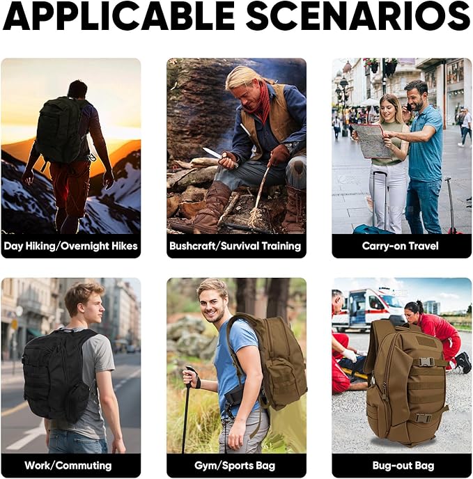 35L Tactical Backpack for Men MOLLE Military Bug Out Bag Waterproof Rucksack for Hiking with Hydration Port Tan