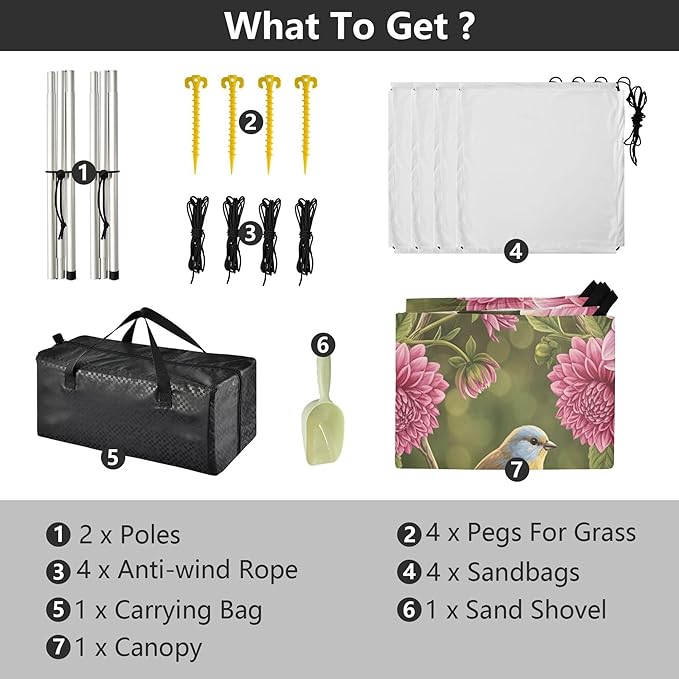 Birds Beach Canopy Sun Shelter with Sandbags &amp Sand Shovel &amp Windproof Ropes - Portable 110x126 Beach Shade Beach Tent for Camping Picnics
