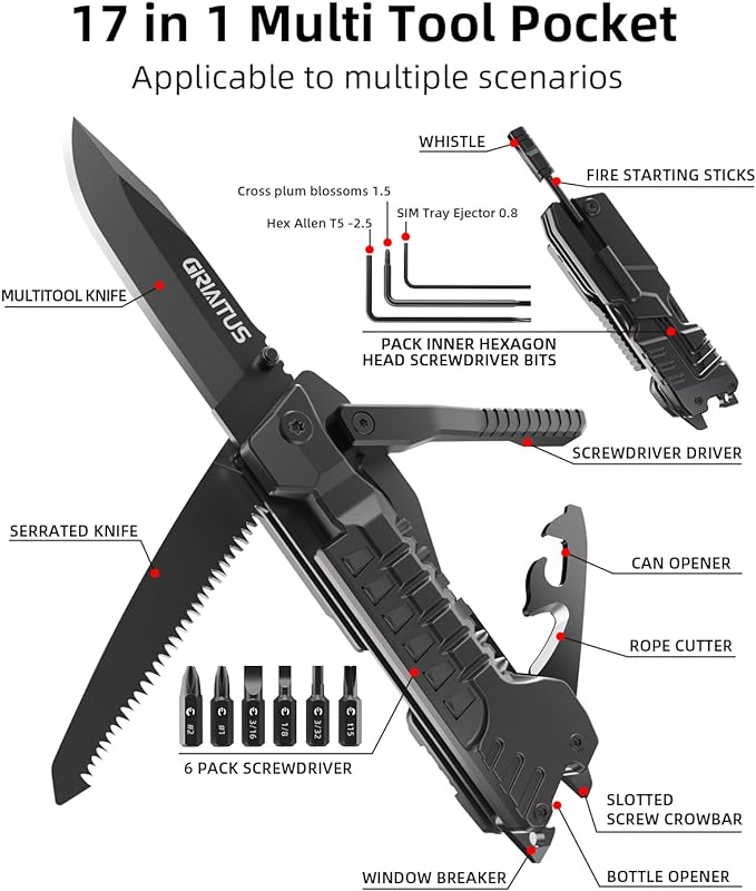 Multitool Knife 17 in 1Fire Starting Sticks Bottle Opener Saw Screwdrivers Bottle Opener Whistle Window Breaker and More -Perfect for Camping Outdoor Survival and Everyday UseGifts for Men Dad
