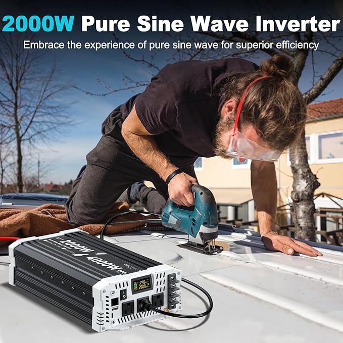 2000 watt Pure sine Wave Inverter 24V DC to 110V AC Power Inverter Used for Solar Emergency Power Supply in RV Homes with 3 AC Output sockets USB Port Type-C Port Remote Control with LCD Screen