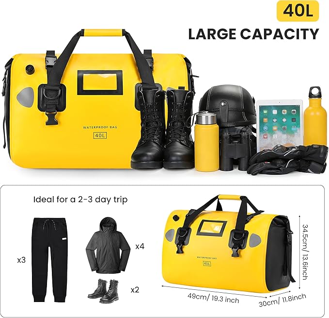 HOMIEE 40L Waterproof Duffel Bag Waterproof Motorcycle Dry Trave Bag Tail Bag with Roll Top Closure &amp Shoulder Straps Outer Mesh Zipper Pocket for Camping Kayaking Fishing &amp Traveling