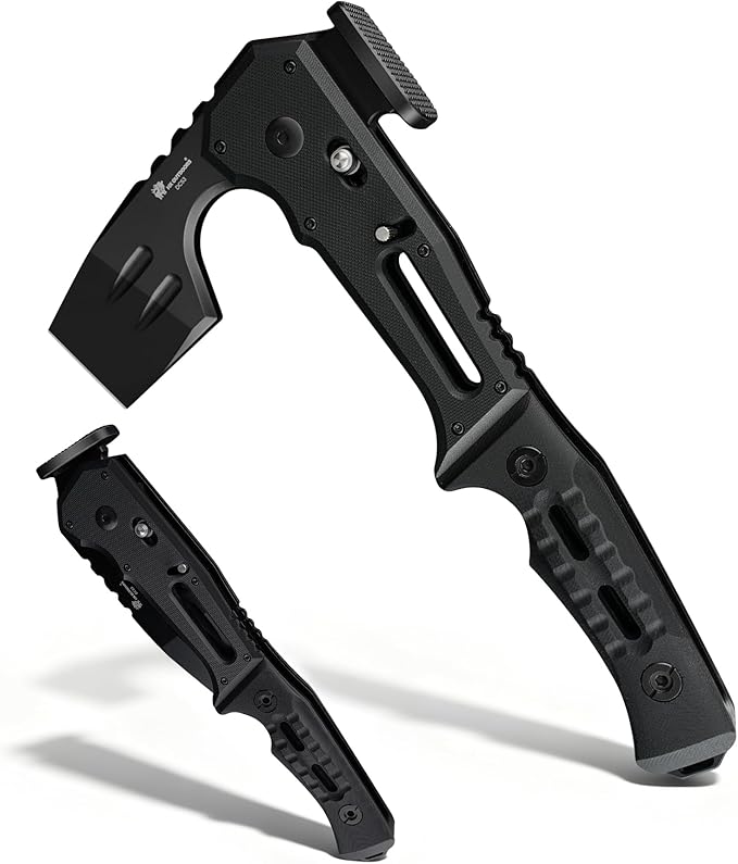 HX OUTDOORS Folding Tactical Axe Survival Multitool DC53 Steel Blade with Black Titanium Camping Axe with Hammer &amp Bottle Opener G10 Handle for Outdoor Gear Tactical and Survival scenarios(Bla