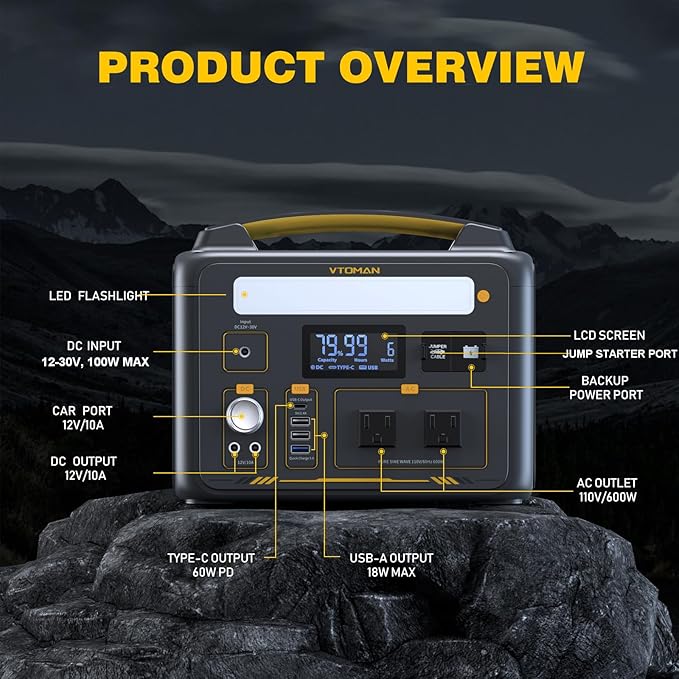 VTOMAN Jump600X 600W Portable Power Station with 640Wh Extra Battery 939Wh Solar Generator LiFePO4 Battery Peak 1200W AC Outlet PD 60W USB-C 3x12V/10A DC for Outdoor Camping Off-grid Home Backup