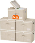 Lifewit Clothes Storage Bins with Lids Fabric Foldable Storage Boxes with Handles Decorative Closet Organizer Stackable Cube Baskets Container for Bedroom Office 34.5L Large Beige 5 Packs