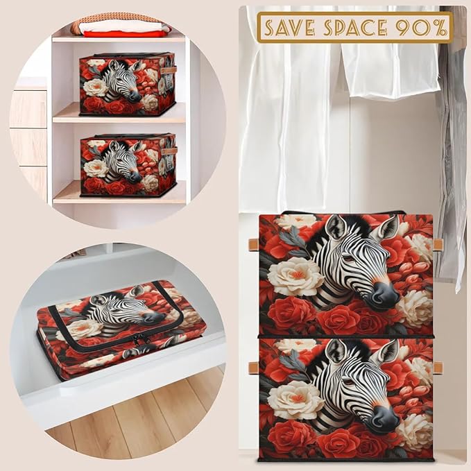 2Pcs Clothing Storage Bins with Zipper Lid Animal Zebra Storage Baskets for Organizing Foldable Storage Baskets for Closet Frame Storage Box with Reinforced Handles
