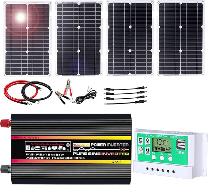 Complete 10000W Solar Panel Kit with Pure Sine Wave Inverter &amp 50A Charge Controller for Marine RV(100W)
