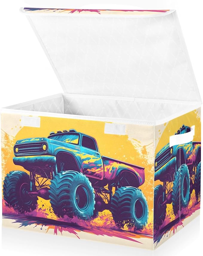 AIXIWAWA Lidded Storage Cube (Cartoon Monster Truck) Fabric Foldable Closet Bins with Flip Lid and Handles Organizer Basket Container 16.5 x 12.6 x 11.8 IN
