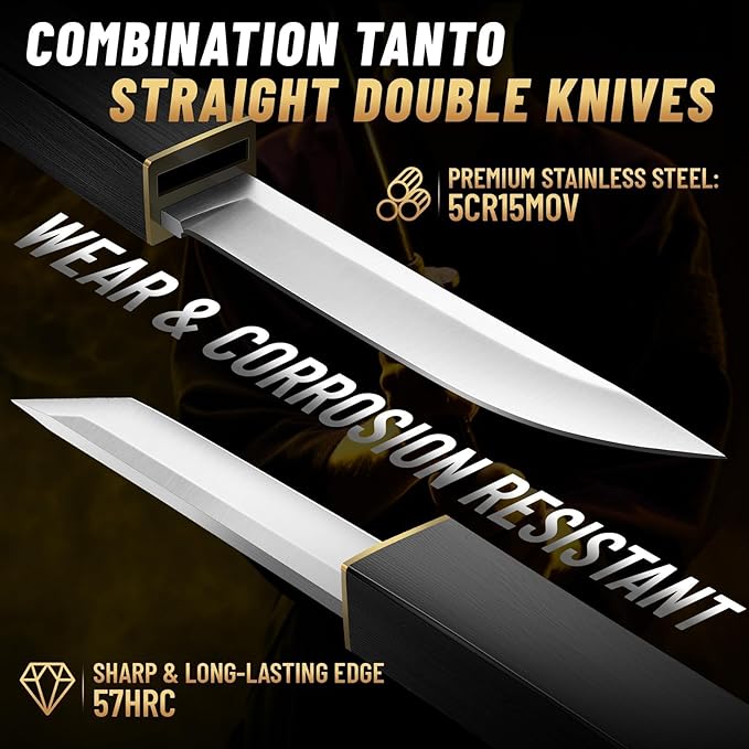 Moontay Mini Katana Knives Set – 2 in 1 Janpanese Tanto Knife with Integrated Wood Sheath &amp Handle Stainless Outdoor Double Knife Set Short Samurai Swords for Camping Survival BBQ Christmas Gif