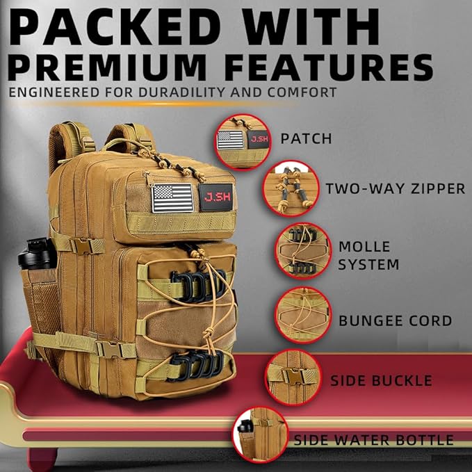 J.SH Large Military Tactical Backpack for Men EDC MOLLE Backpack 900D Oxford Nylon 3-Day Assault Rucking Pack Heavy-Duty Tactical Gear for Outdoor HikingGym Rugged Survival&ampBug Out Bag-45L K
