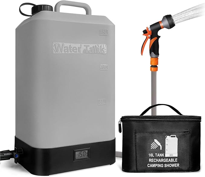 4.5 gallon/16L Silicone Water TankPortable Outdoor ShowerElectric Shower8 Types of Multifunctional Shower HeadsUsing Solar Heating Temperature DisplaySuitable for CampingBeachand Hiking