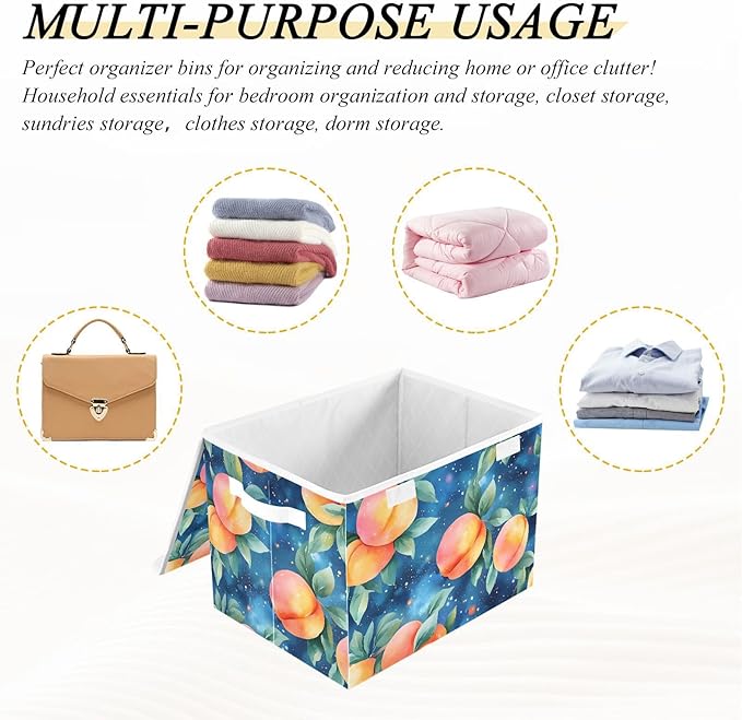AIXIWAWA Lidded Storage Cube (Watercolor Peaches) Fabric Foldable Closet Bins with Flip Lid and Handles Organizer Basket Container 16.5 x 12.6 x 11.8 IN