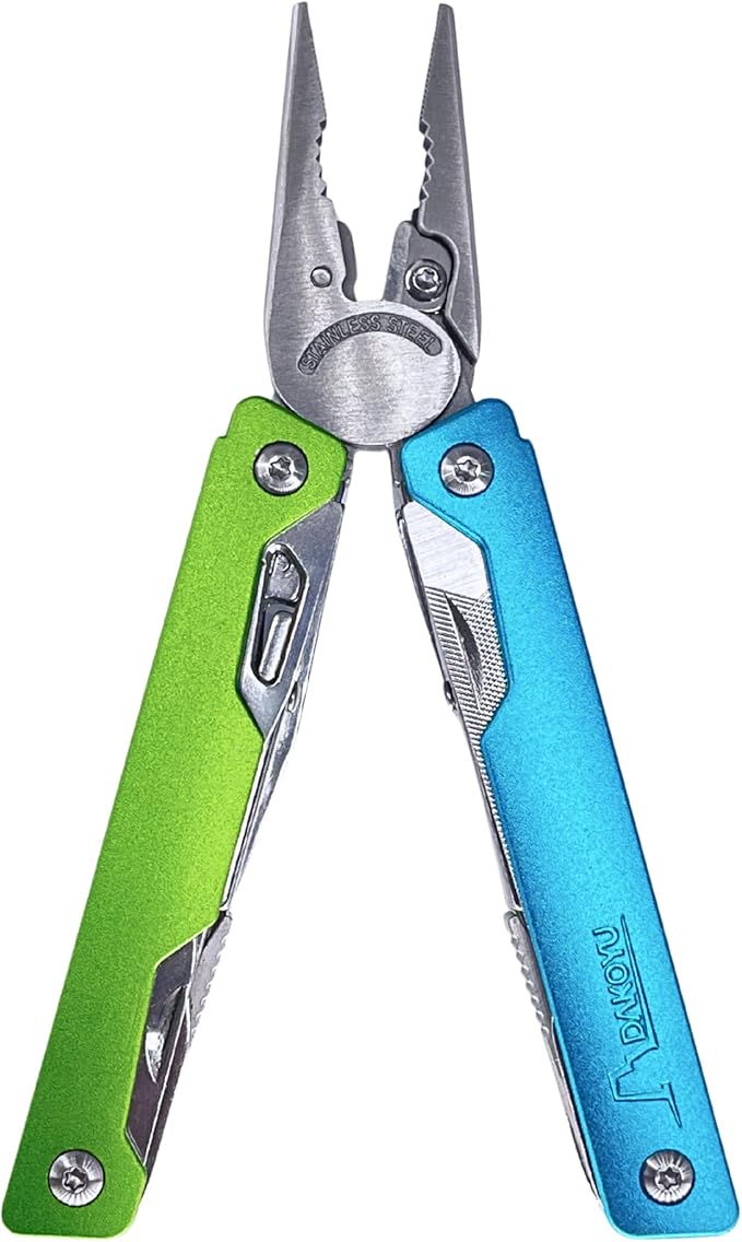 DKYoung™ Multi-Tool Aluminum Handles with Polished Stainless Steel Tools Blue/Green High-Viz Colors Pliers-Based Multitool with Carrying Sheath ¼ in. Hex Extension Camping Hiking Gift