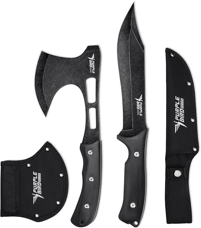 PURPLEBIRD Outdoor Axes &amp Fixed Blade Knife Set - Full Tang Camping Hatchet and Hunting Knife with Sheath Lightweight Small Hand Axe &amp Survival Knives Set with Wood Handle for Men