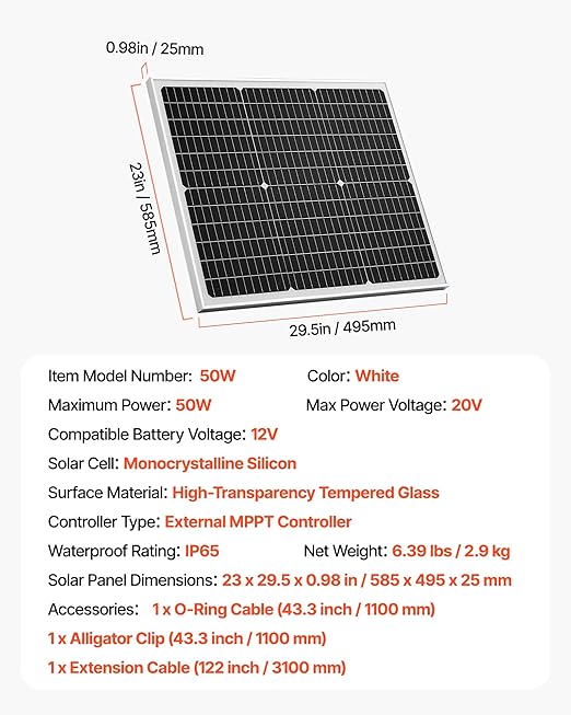 VEVOR 50W 12V Solar Battery Charger Maintainer Mono Solar Panel Trickle Battery Charger with Upgraded MPPT Controller IP65 Waterproof for Car Boat RV Trailer Flat Rooftop (Bracket Not Included)