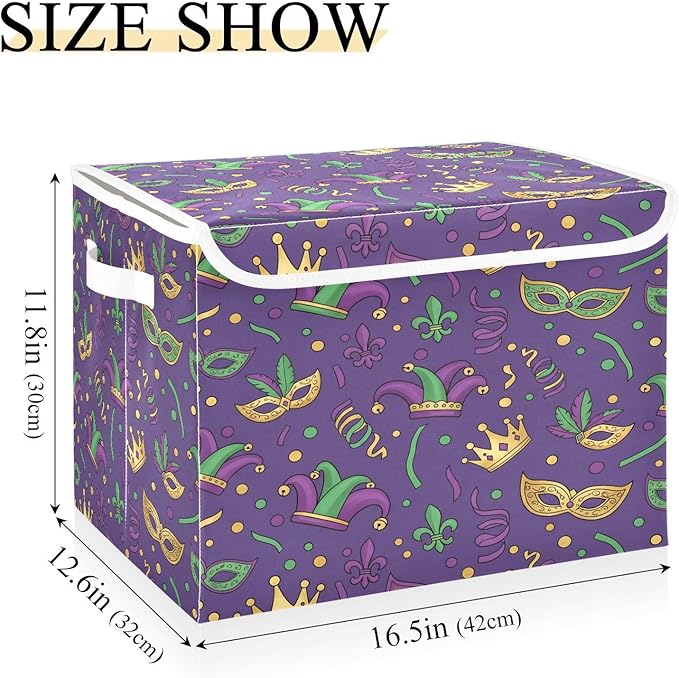 Collapsible Storage Bins with Lids Mardi Gras Carnival (2) Foldable Fabric Organizer Baskets for Closet Home &amp Seasonal Decor 16.5x12.6x11.8 Inches