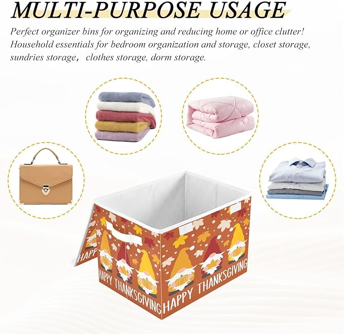 Large Collapsible Storage Bins with Lids Autumn Gnomes Thanksgiving Fall Storage Baskets Organizer Containers with Handles for Clothes