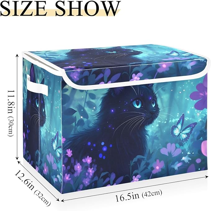 AIXIWAWA Lidded Storage Cube (Fantastic Forest Cat) Fabric Foldable Closet Bins with Flip Lid and Handles Organizer Basket Container 16.5 x 12.6 x 11.8 IN