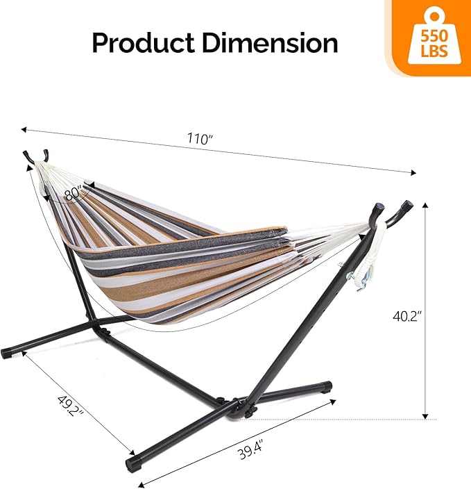 ONCLOUD 550 LBS Capacity Double Hammock with Stand Included with Portable Carrying Bag Heavy Duty 2-Person Hammock for Outdoors &amp Indoors - Desert Stripe Series TDCTZ1 - Desert Stripe