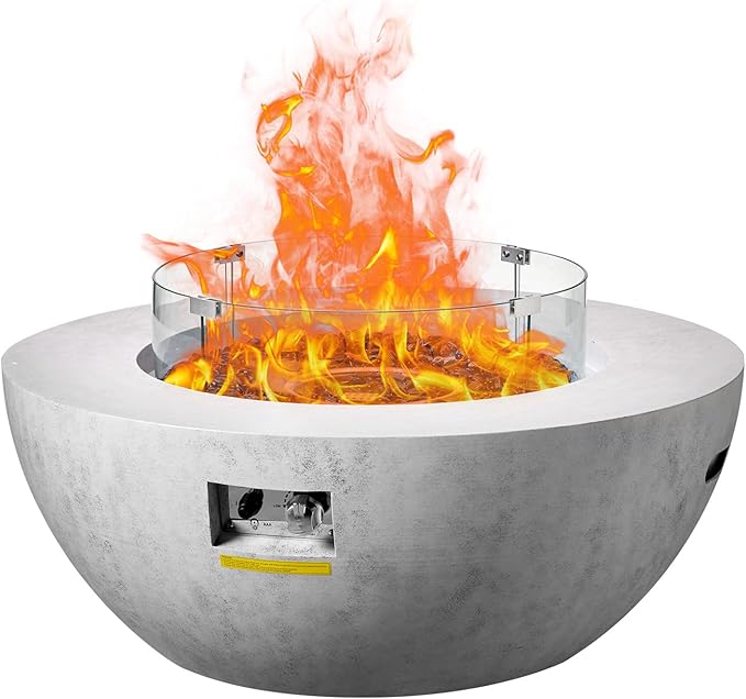 VEVOR Propane Fire Pit Outdoor Concrete Gas Fire Pit 39 in Tabletop with Lava Rocks LidRain CoverAdjust Flame Height Camping Firepit for Heating Lighting 50000 BTU