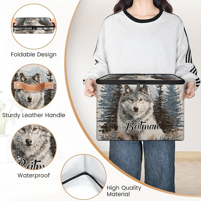 Storage-Bins with Lids Personalized Closet-Storage-Bins Under-Bed Stackable-Cubes-Box for Home Bedroom Wolf
