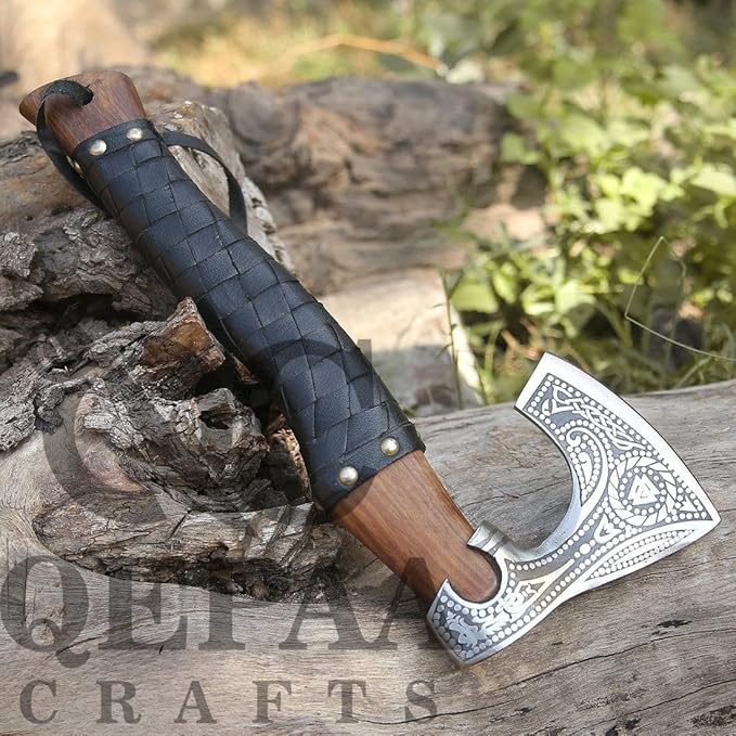 Qepaa Crafts®Russian Valknut Wood Viking Style Bearded Axe Tomahawk - Real Hatchet Best Gift for Anniversary Valentine's Day BirthdayLeather Sheath with Leather Wrap Handle Perfect Hand Grip (SFL)