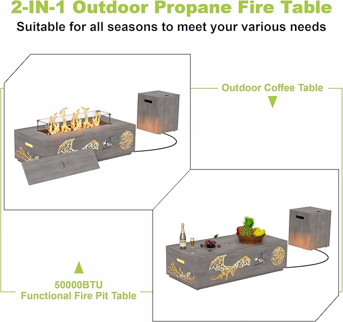 SUNPEAK 42 Propane Fire Pit table with LED Light - 50000 BTU with Wind Guard Lid Rocks and Cover - Gas Fire Pits for Outside Patio - Fire Pit Tables for Outside Patio (Grey/Dragon Cutout 42 LED)