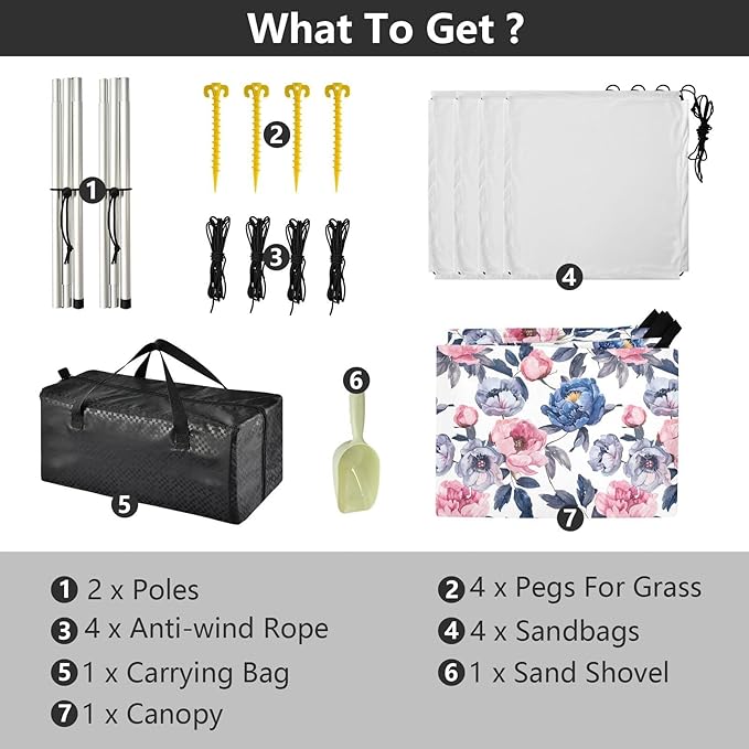 ALAZA Peony Watercolor Flowers Beach Tent Sun Shelter UPF50+ Protection Beach Shade Canopy w/ 4 Sandbags for Outdoor Camping Fishing Backyard Fun Picnic 10x9 ft