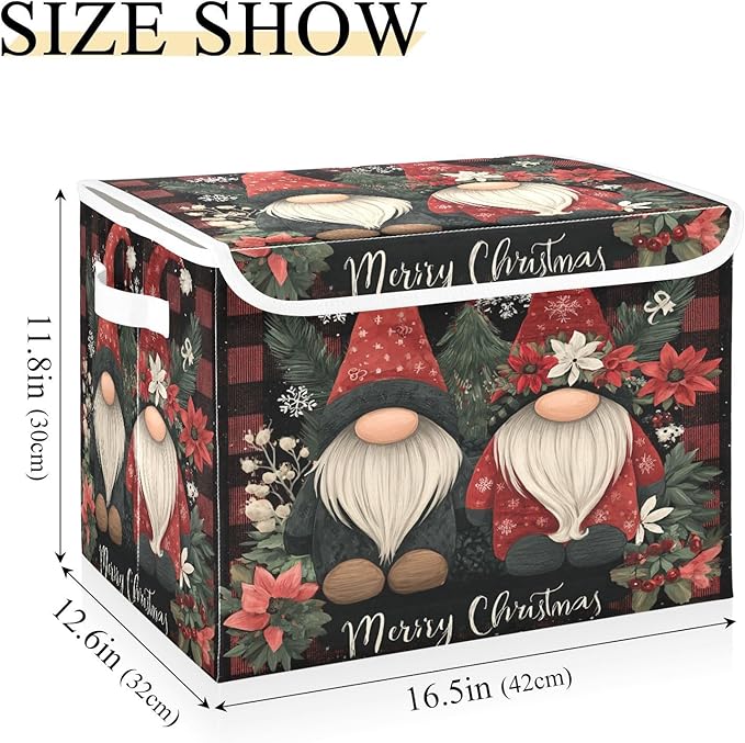 Merry Christmas Checkered Gnomes Collapsible Storage Bins with Lids Decorative Fabric Cubes Closet Organizer Basket Boxes Containers for Clothes Box Chest Folding Rectangle