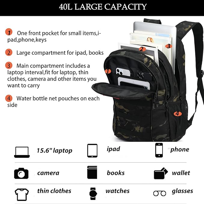 Camo BackpackBoys Backpack for Scool Military40L Army Bookbag Waterproof for Middle Elementary