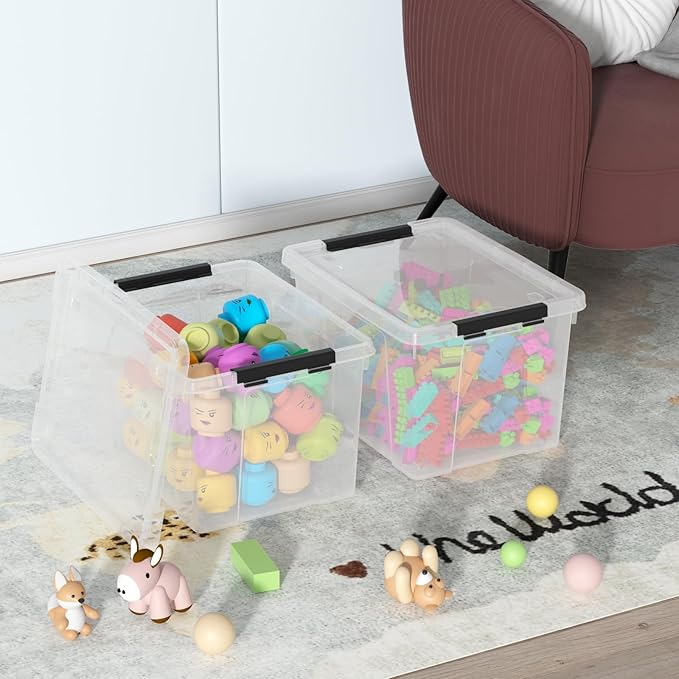 24 Quart Clear Latching Bin with Lids Stackable Plastic Storage Box with Wheels 6 Packs
