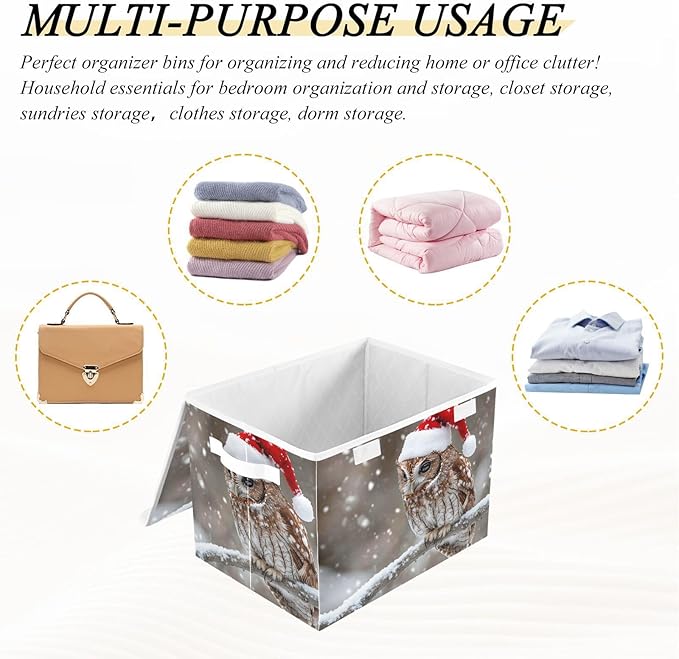 Storage Cube with Lid Christmas Owl Print 16.5×12.6×11.8 IN Collapsible Large Capacity Foldable Storage Basket Bin Organizer