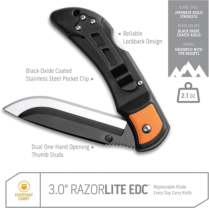 OUTDOOR EDGE 3.0 RazorLite EDC Knife (Blaze Orange) - Replaceable Blade Knife with Pocket Clip Lightweight Everyday Carry Utility Knife for Hunting Camping &amp Survival – Includes 4 Stainless Ste