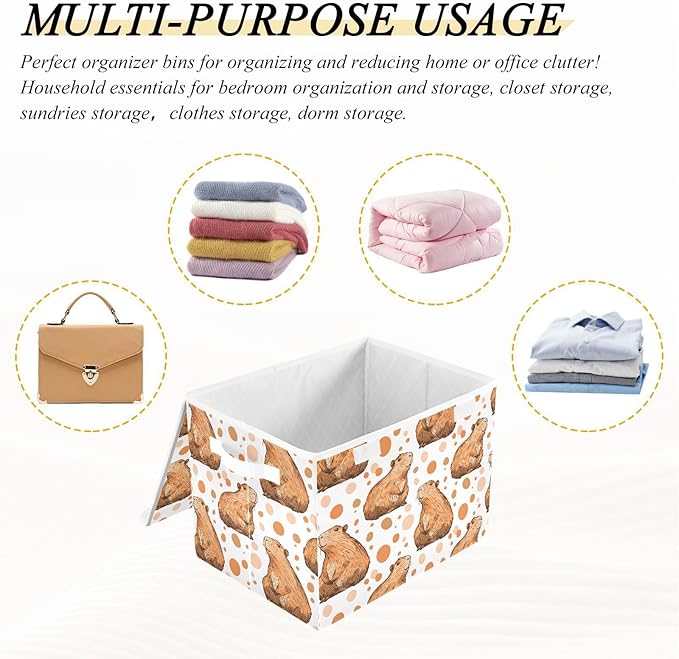 Capybara Dots Storage Cube Bins Basket with Lid Collapsible Flip-top Fabric with Handle for Home Bedroom Closet Office 16.5×12.6×11.8 in