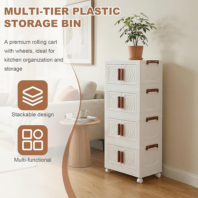 4 Tier Stackable Storage Bins with Lids &amp Magnetic Doors Plastic Collapsible Storage Bins with Wheels Stackable Storage Containers Organizers Cabinet for Entryway