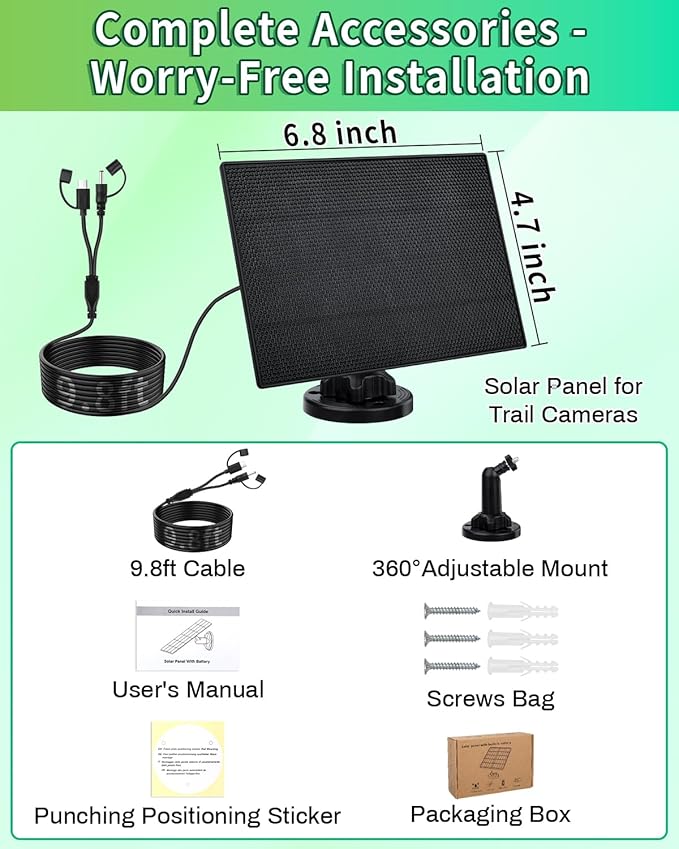 Trail Camera Solar Panel 3W Solar Panel Charger with 5000mAh Battery and 6V USB-C &amp DC Port 9.8ft Cable IP65 Waterproof Solar Panel for Trail CameraGame Cameras Accessory (6V)