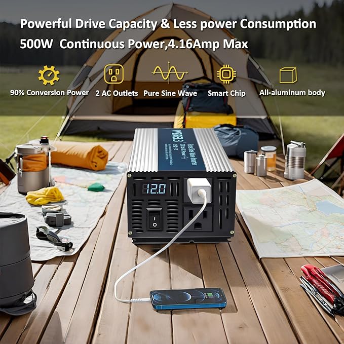 WZRELB 500W Pure Sine Wave Inverter 12V DC to 110V 120V AC Power Converter with LED Display Off-Grid Portable Power Inverter with 2 AC Outlets for Home RV Truck Camping