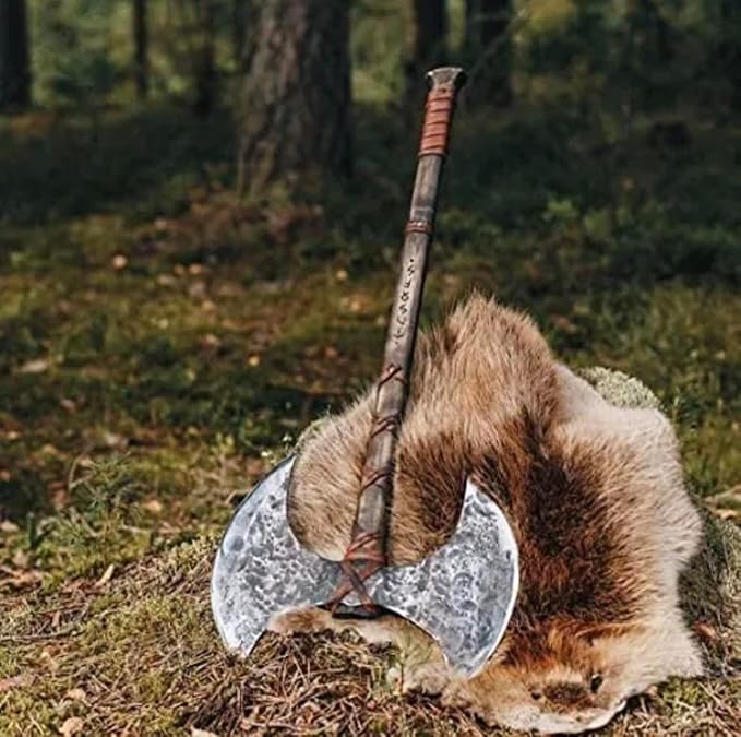 SHINY CRAFTS® Handmade Double Head Axe Hatchet Norse Axe- 38 inch Long Two Handed Berserker Hatchet Carbon Steel Axe - Bearded Axe-with Leather Sheath