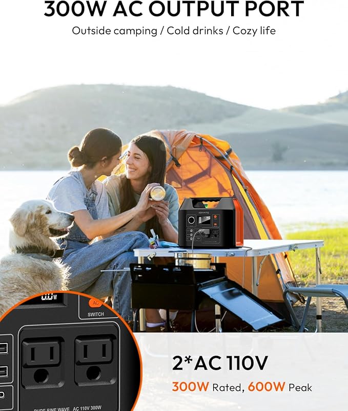 Solar Powered Generator 300W Portable Power Station with Solar Panel 40W Included 110V Pure Sine Wave 256Wh LiFePO4 Battery Pack with AC Outlet for Camping Home Emergency Traveling RV Trip