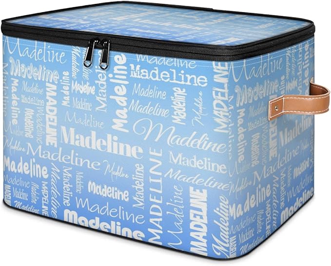Custom Storage Basket with Name Personalized Keepsake Box with Zipper Lid Foldable Fabric Memory Bin Large capacity with Handle Blue