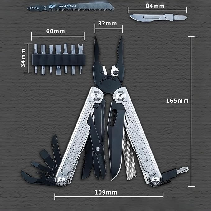 Multitool 20-in-1 Full-Size Lightweight EDC Multi-Purpose Pliers With Safety Locking Nylon Bag Tactical Gear Camping Knives &amp Tools Gift Ideas for Men (Silver)