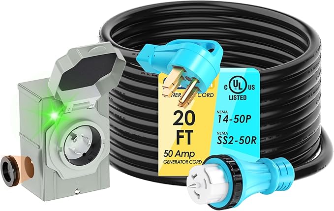 50 Amp 20 Feet Generator Cord and Power Inlet Box Combo Kit NEMA 14-50P Male to SS2-50R STW 6/3+8/1 AWG 125/250V Twist Locking with Inlet Box for Generator to House UL Listed