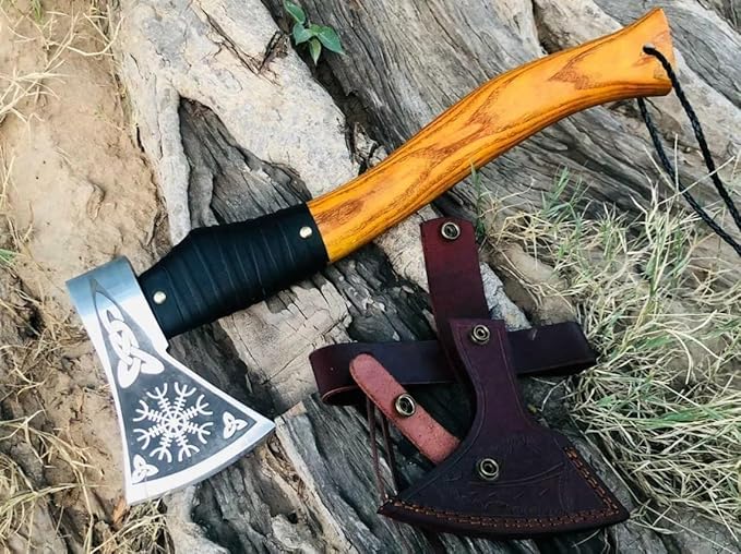 12 Inches Length || Carbon Steel Viking Axe || Viking Axe || Bearded Axe || Wooden Handle || Engraved Design Axe || Medieval Style || Collectible Axe || Leather Sheath.