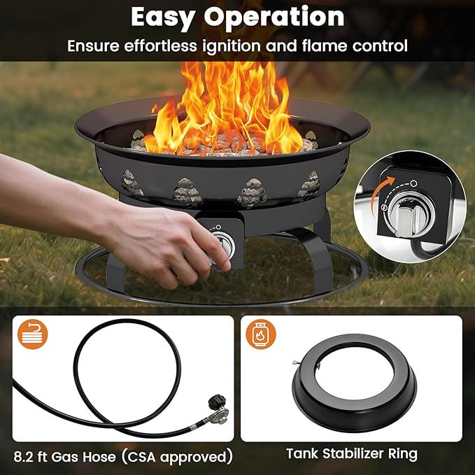 Giantex Portable Propane Fire Pit 21 Inch Smokeless Fire Bowl with Cover Natural Lava Rocks Tank Holder 58000 BTU Round Outdoor Gas Firepit for Outside Camping Patio Yard